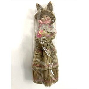 Vintage Handmade Straw Lady Pomander Figurine Hat Basket Of Easter Flowers 6"